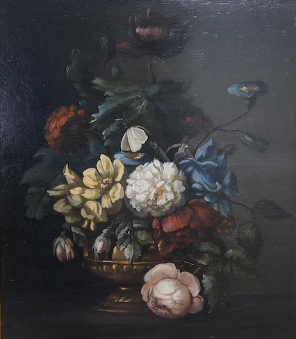 18th century Dutch School, oil on board, Still life, 43 x 36cm. Condition - appears good although restoration label to reverse. Some wear and losses to frame